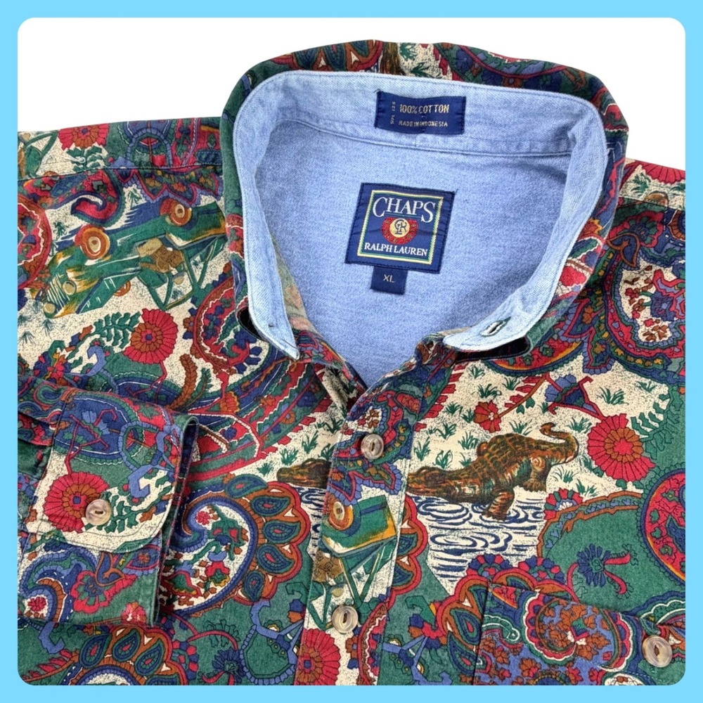Chaps Ralph Lauren Shirt Men XL Green Cotton Jeep Alligator Paisley Vintage 90s